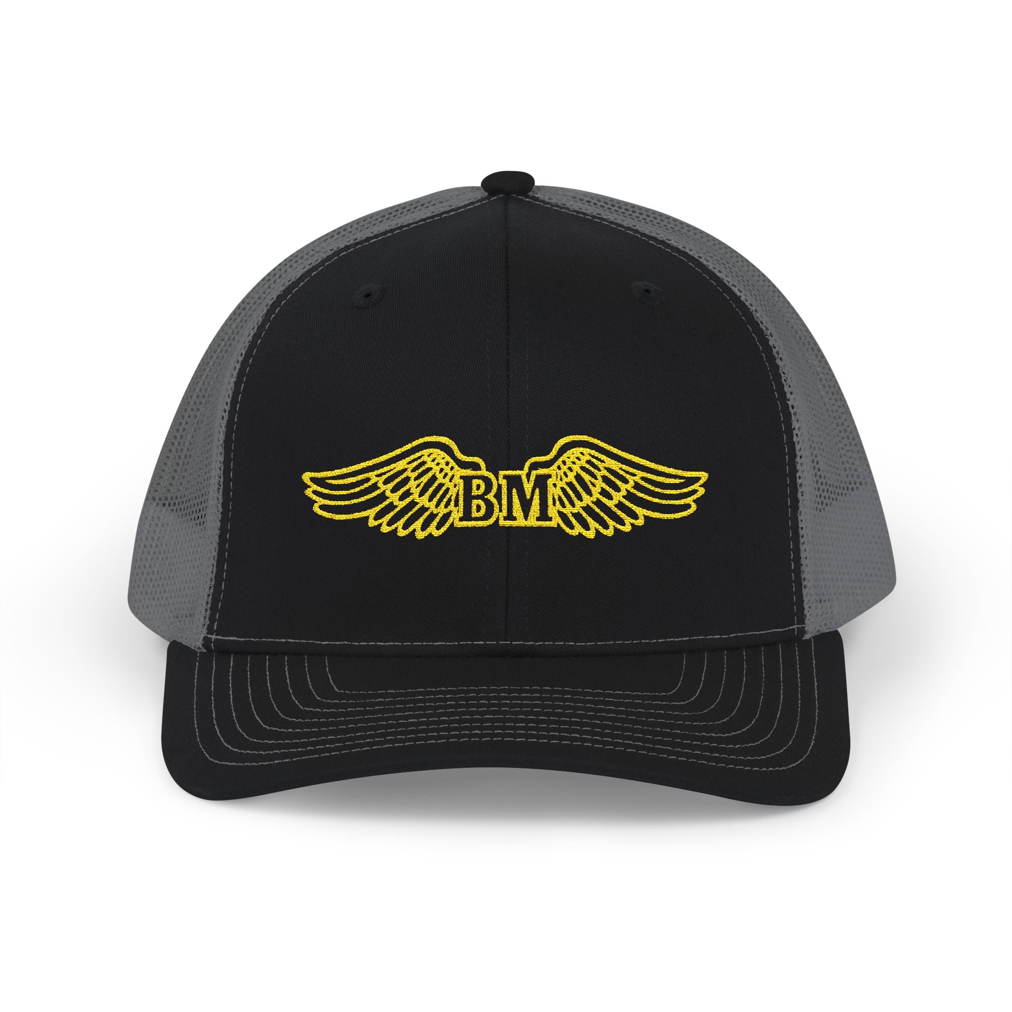 Winged 'BM' Snapback Trucker Cap — Embroidered Gold Wings Logo