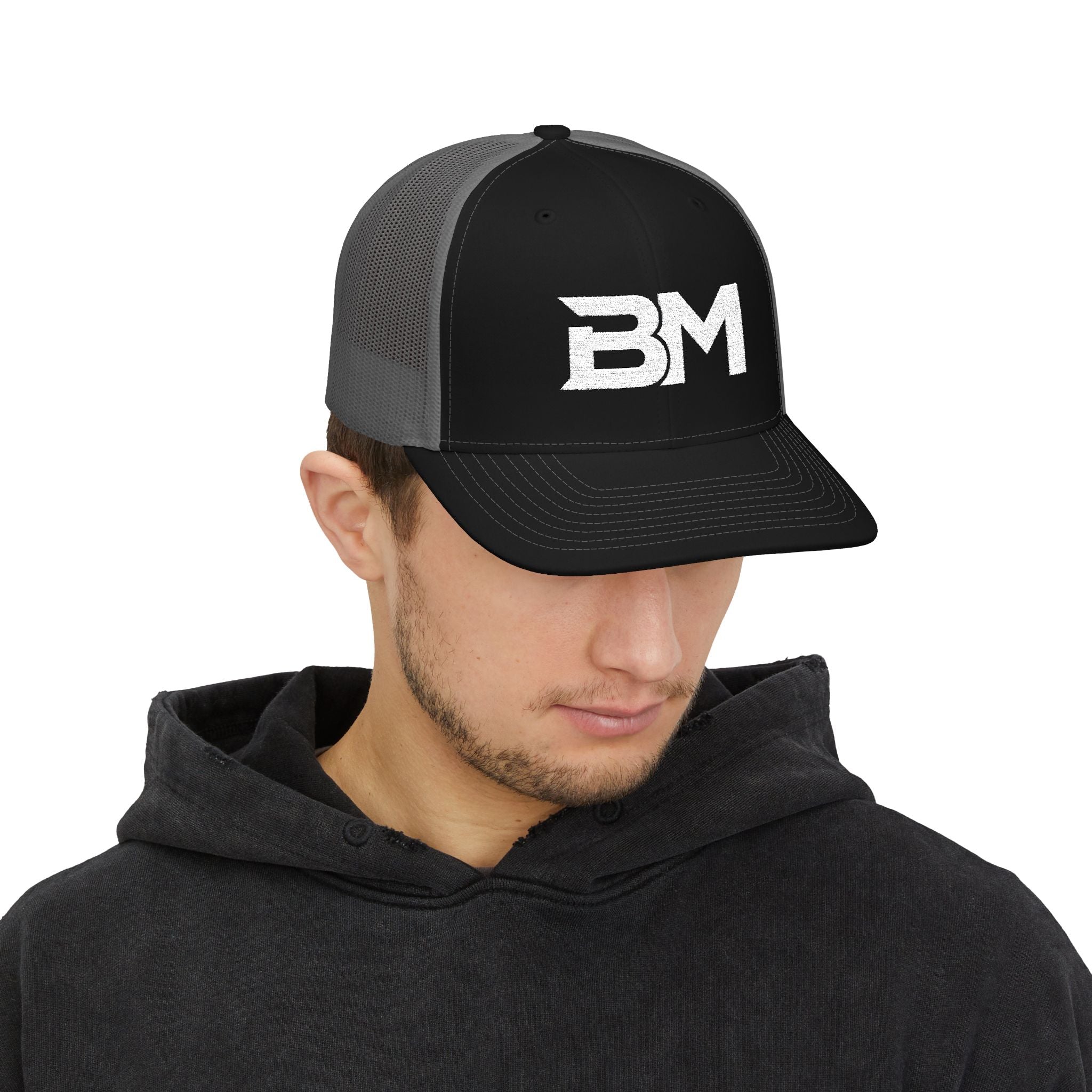 BM Logo Snapback Trucker Cap — Bold Monogram Mesh Baseball Hat