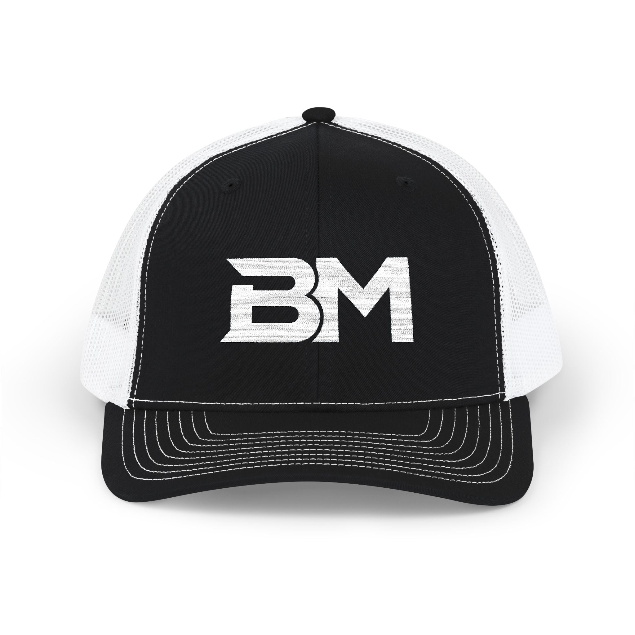 BM Logo Snapback Trucker Cap — Bold Monogram Mesh Baseball Hat
