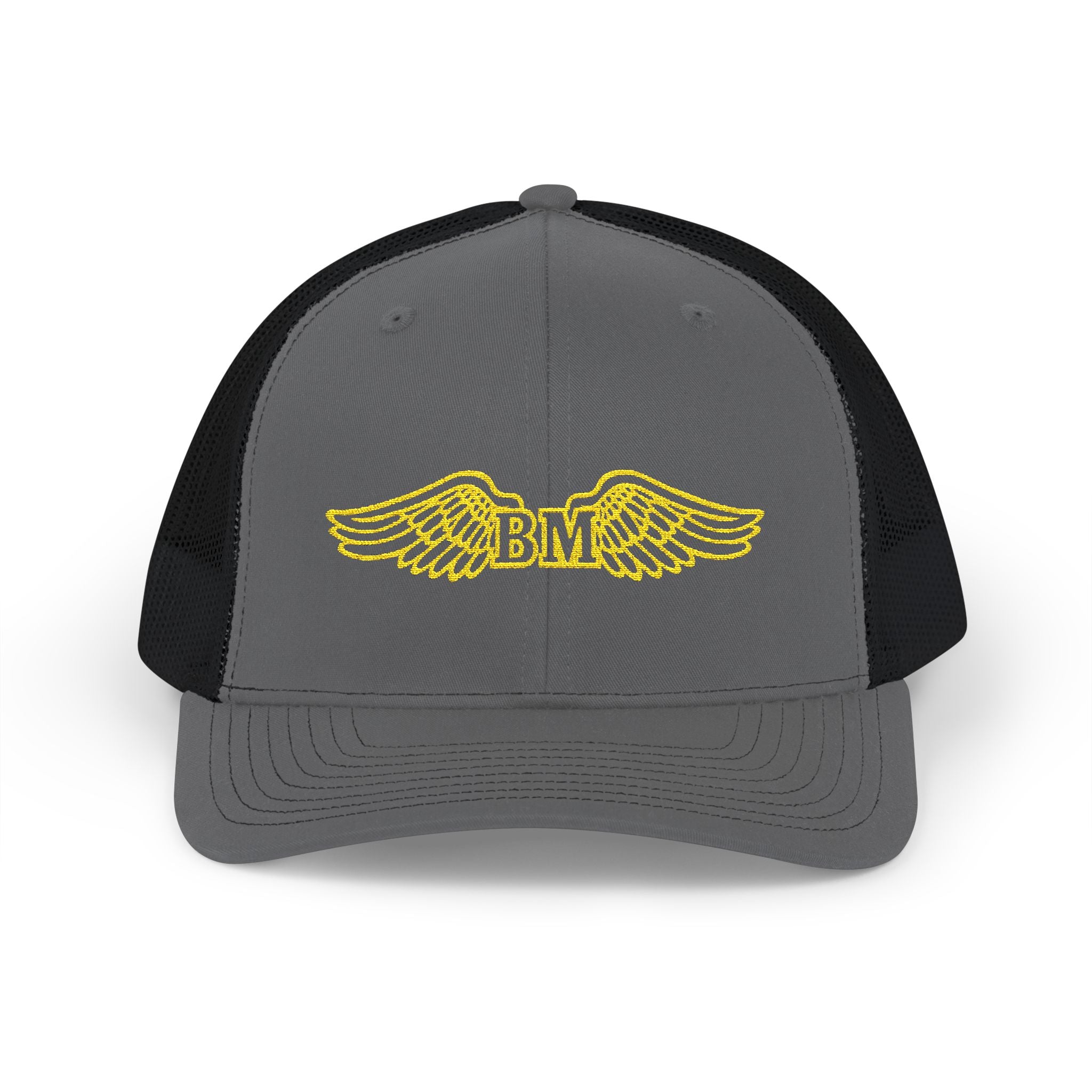 Winged 'BM' Snapback Trucker Cap — Embroidered Gold Wings Logo