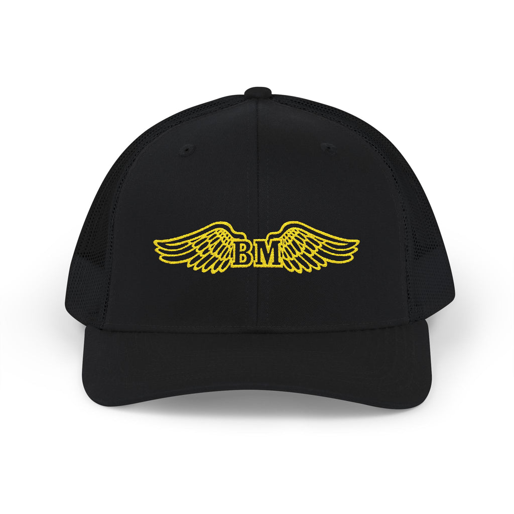 Winged 'BM' Snapback Trucker Cap — Embroidered Gold Wings Logo