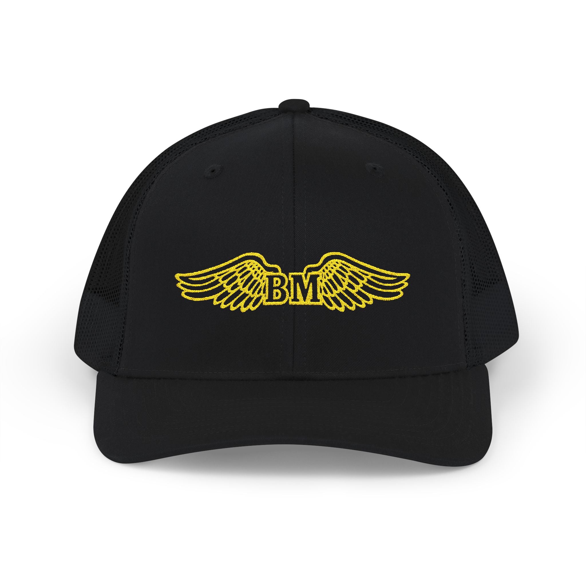 Winged 'BM' Snapback Trucker Cap — Embroidered Gold Wings Logo