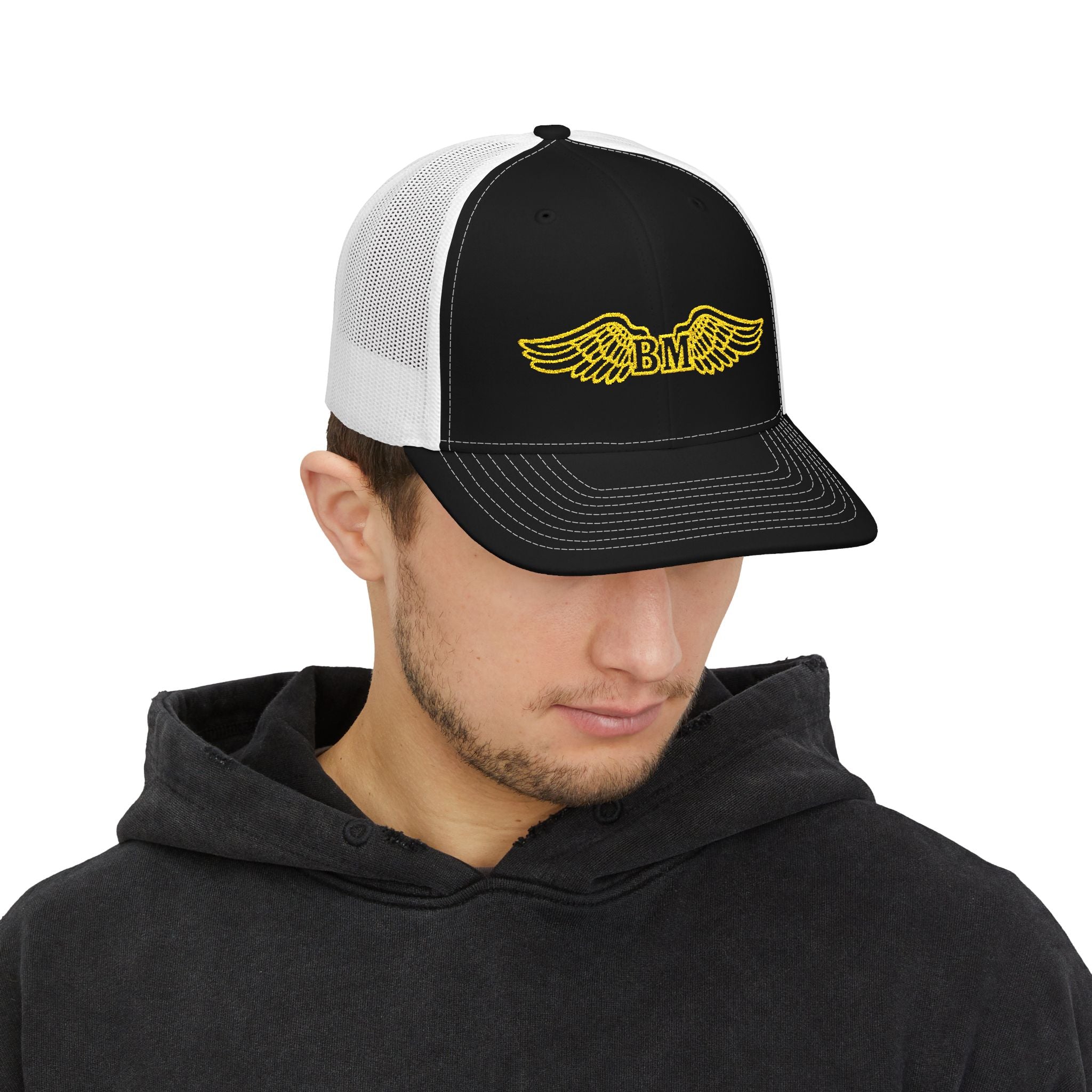 Winged 'BM' Snapback Trucker Cap — Embroidered Gold Wings Logo