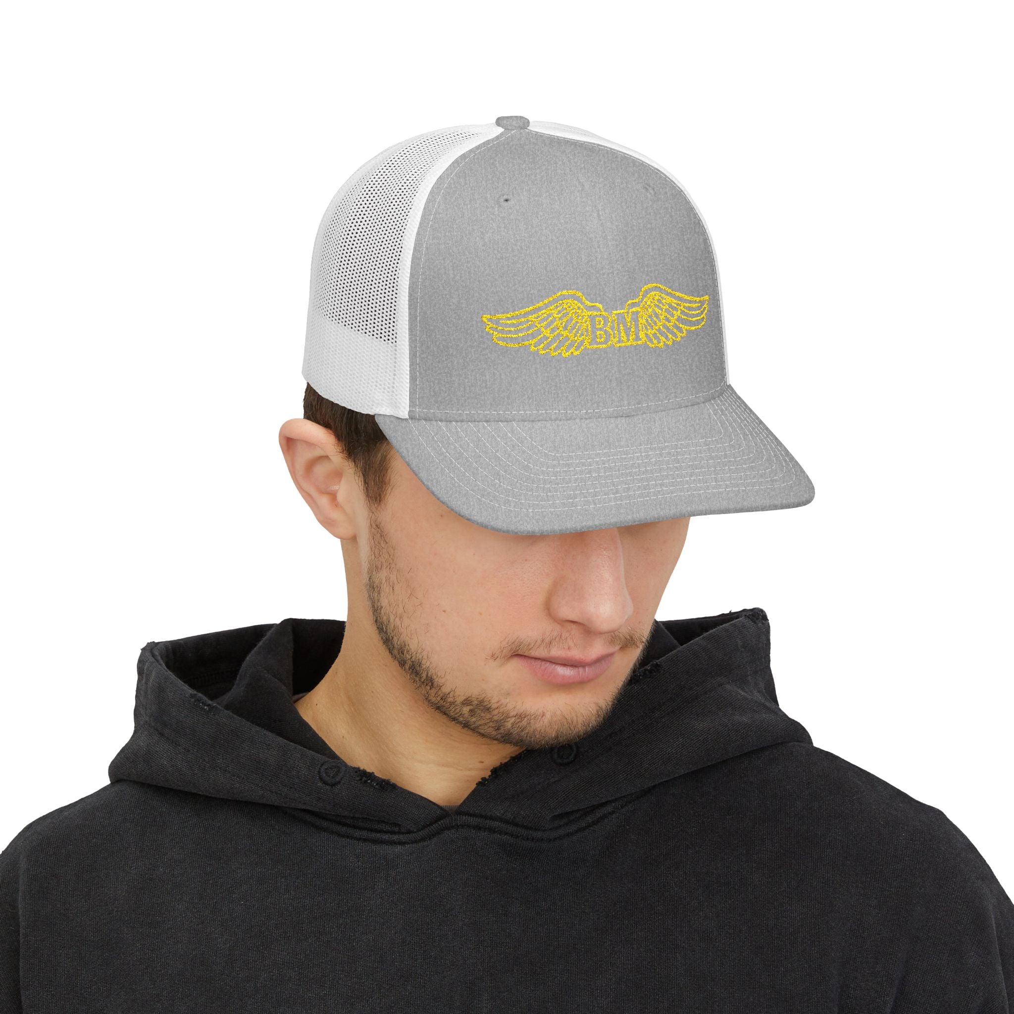 Winged 'BM' Snapback Trucker Cap — Embroidered Gold Wings Logo