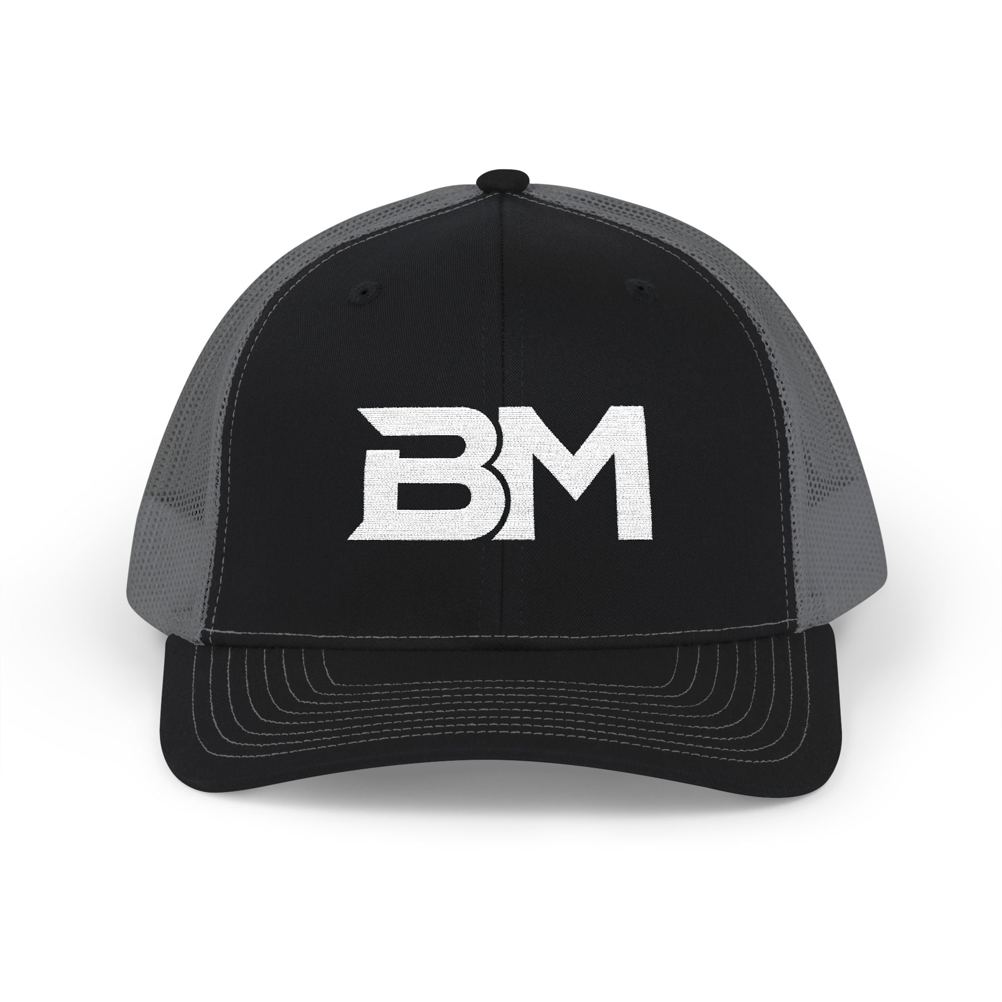 BM Logo Snapback Trucker Cap — Bold Monogram Mesh Baseball Hat