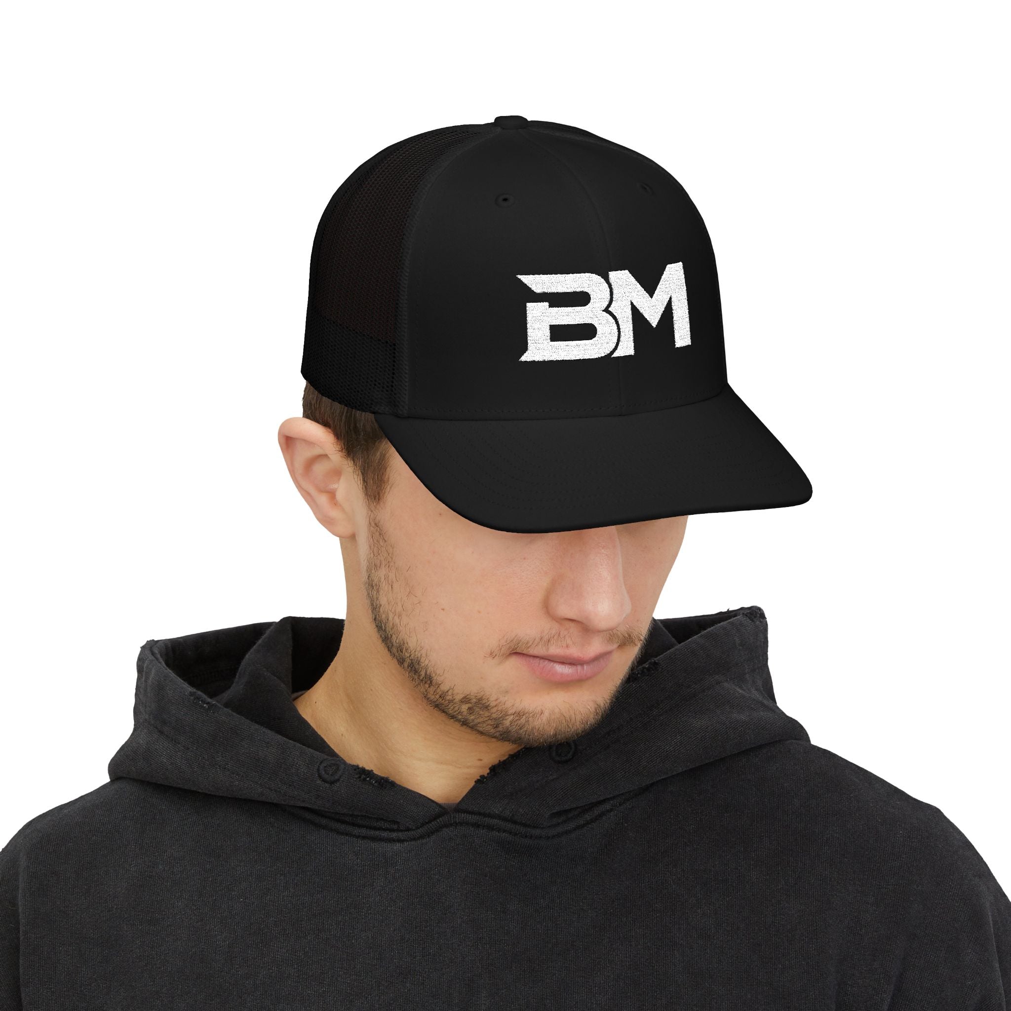 BM Logo Snapback Trucker Cap — Bold Monogram Mesh Baseball Hat