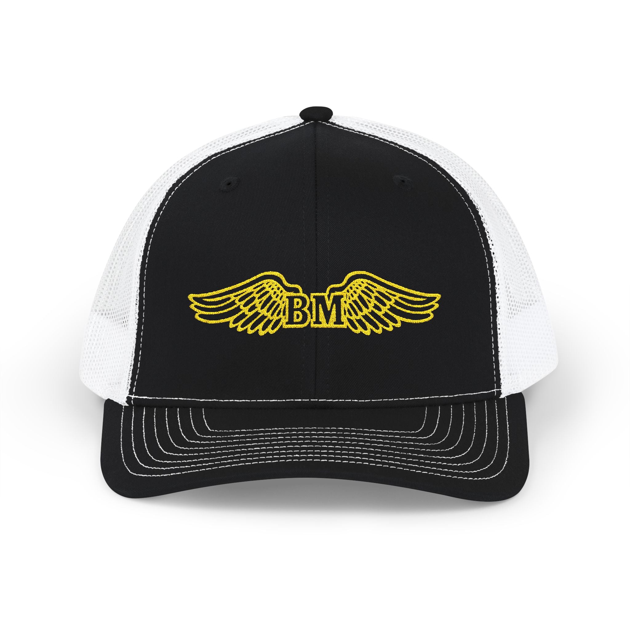 Winged 'BM' Snapback Trucker Cap — Embroidered Gold Wings Logo