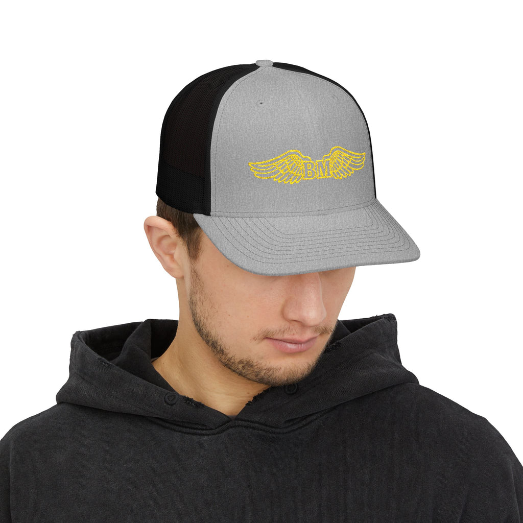 Winged 'BM' Snapback Trucker Cap — Embroidered Gold Wings Logo
