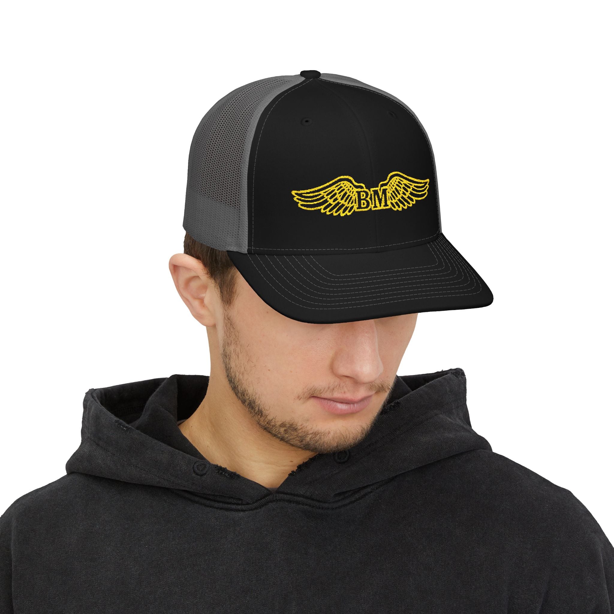 Winged 'BM' Snapback Trucker Cap — Embroidered Gold Wings Logo